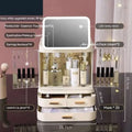 Ivory white multi-tiered cosmetics storage box with built-in cosmetic mirror and clear acrylic compartments