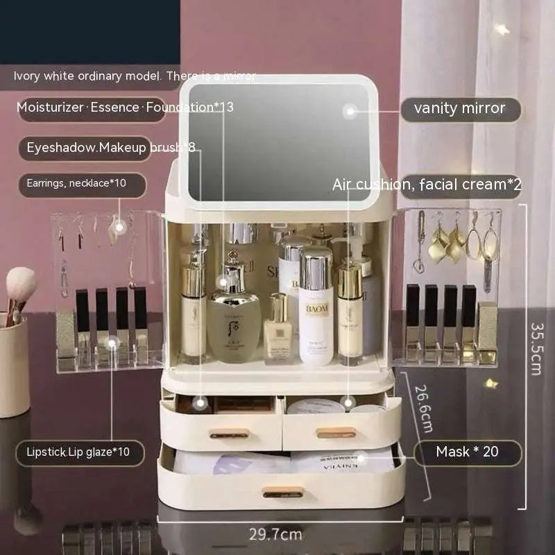 Ivory white three-tier cosmetics storage box with built-in cosmetic mirror and clear acrylic jewelry holders