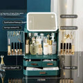 Teal three-tiered cosmetics storage box with built-in cosmetic mirror led light and gold-tone hardware in van gogh green