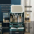 Teal plastic cosmetics storage box with led built-in cosmetic mirror and multiple compartments for makeup organization in van gogh green