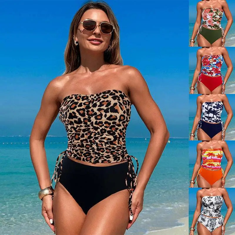 Leopard bandeau strapless top with matching side ties and high waisted black bottoms for hot spring tight use