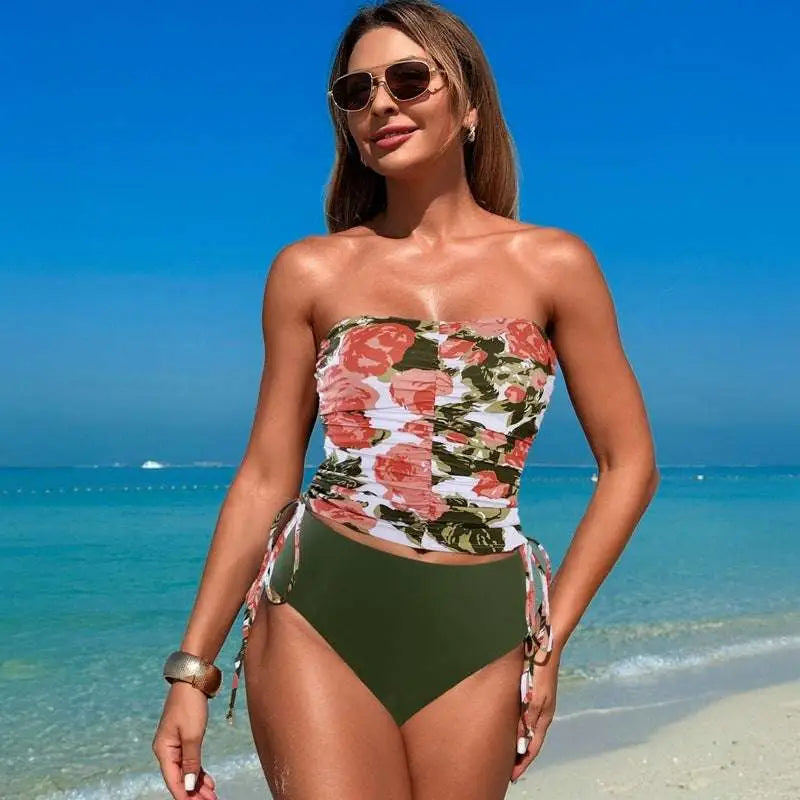 Strapless one-piece swimsuit with floral pattern paired with solid olive-green high waisted hot spring tight bottoms