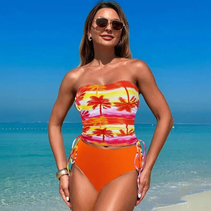 Vibrant tropical print strapless bikini top with orange yellow and pink hues for leopard bandeau high waisted hot spring tight
