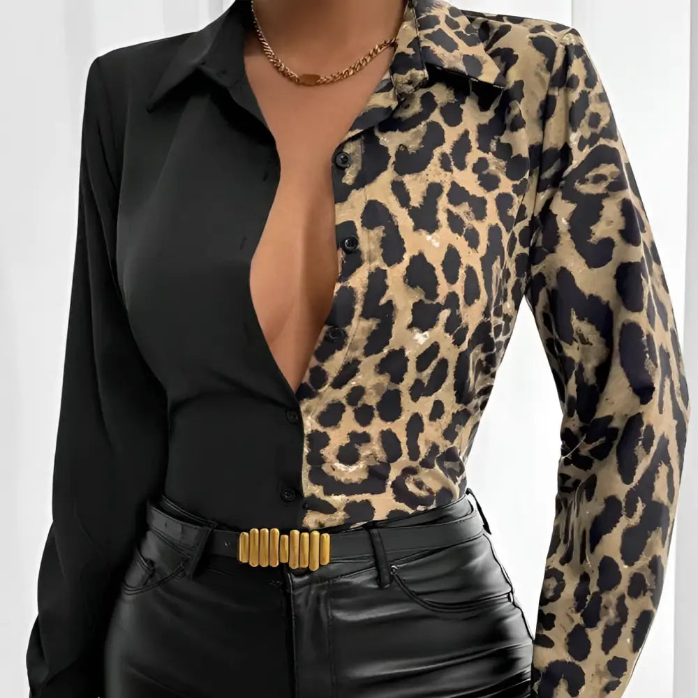Leopard print belted shirt with black and tan pattern made of smooth shiny fabric, a stylish printed belted shirt option