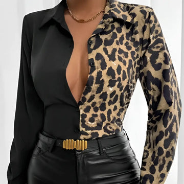 Leopard print belted shirt with black and tan pattern made of smooth shiny fabric, a stylish printed belted shirt option