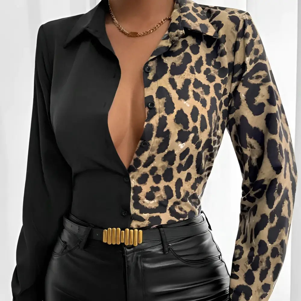 Leopard print belted shirt with deep v-neckline and long sleeves in black and tan spots on semi-sheer fabric