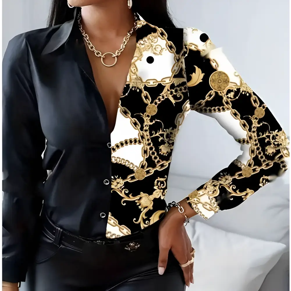 Black and gold chain-link patterned leopard print belted shirt in satin fabric for a stylish printed belted look