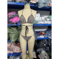 Leopard print breathable strap bikini swimsuit featuring black and tan halter top with matching waist-tied bottoms