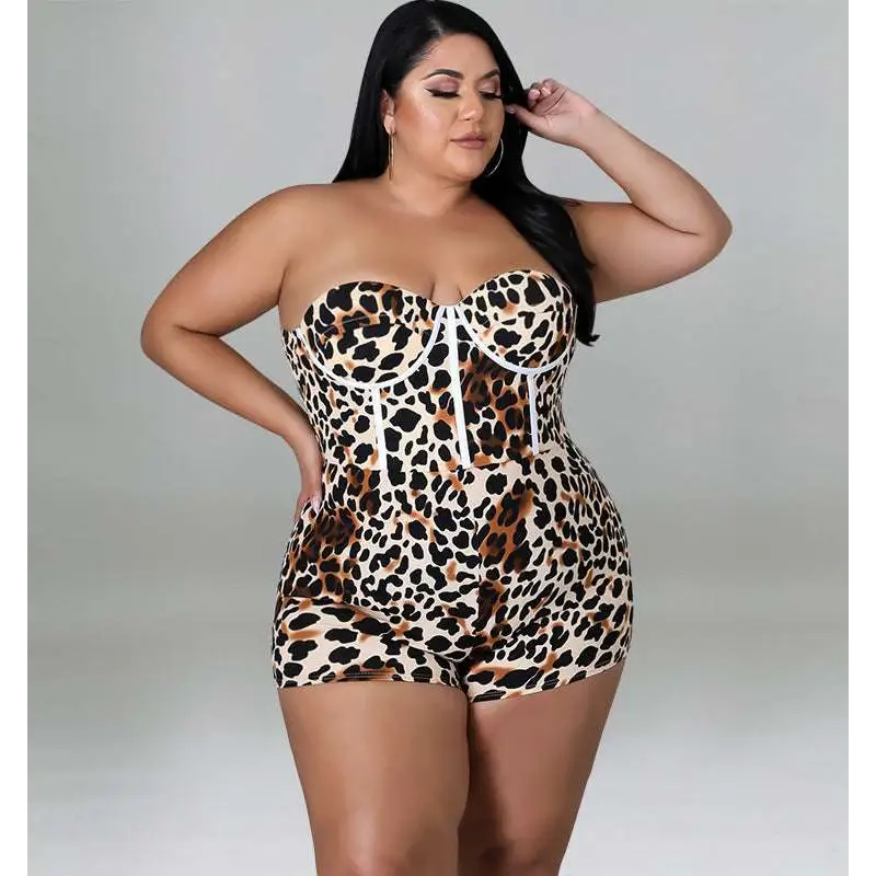 A plus-size strapless leopard print jumpsuit with white base lace-up corset-style detailing for women
