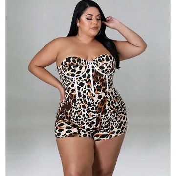 A plus-size strapless leopard print jumpsuit with white base lace-up corset-style detailing for women