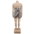 Strapless leopard print jumpsuit plus size with fitted corset waist and short legs on a white base made from stretchy fabric
