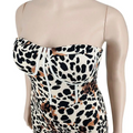 Strapless leopard print jumpsuit plus size with a bold black white and tan leopard print on a white base