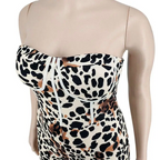 Strapless leopard print jumpsuit plus size with a bold black white and tan leopard print on a white base