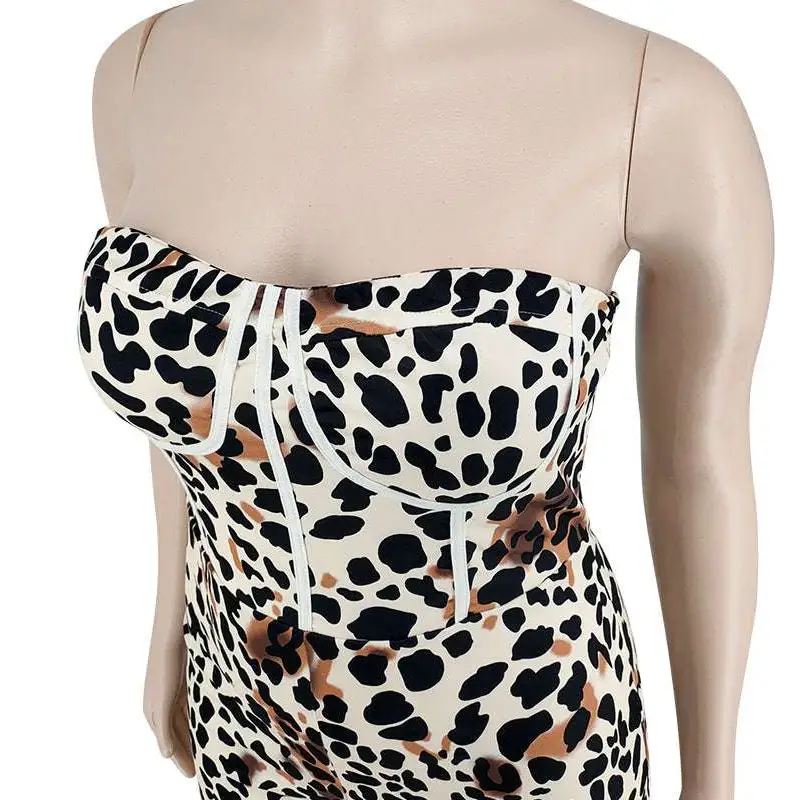 Strapless leopard print jumpsuit plus size with a bold black white and tan leopard print on a white base