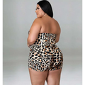 Strapless leopard print jumpsuit plus size with high waist tan and black spots on a cream white base