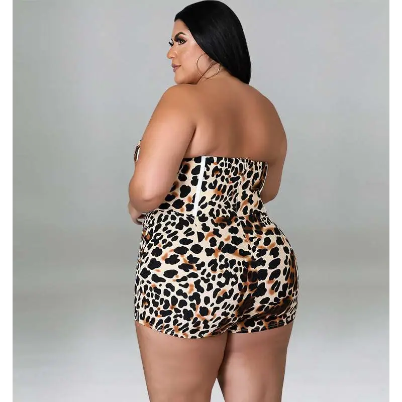 Strapless leopard print jumpsuit plus size with high waist tan and black spots on a cream white base