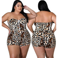 Strapless leopard print jumpsuit plus size in white base featuring corset-style and lace-up detailing