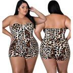 Strapless leopard print jumpsuit plus size in white base featuring corset-style and lace-up detailing