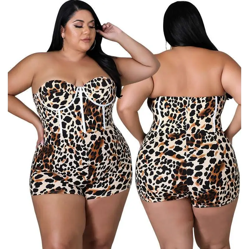 Strapless leopard print jumpsuit plus size in white base featuring corset-style and lace-up detailing