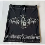 Black skirt with lace trim embroidery and central religious figure design featuring a drawstring waistband for a hot girl skirt