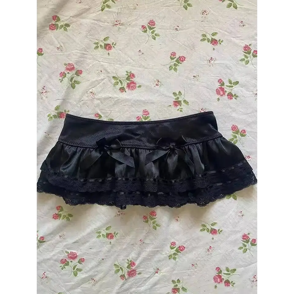 Black satin hot girl skirt with lace trim ruffles and bows for a leopard print sexy look
