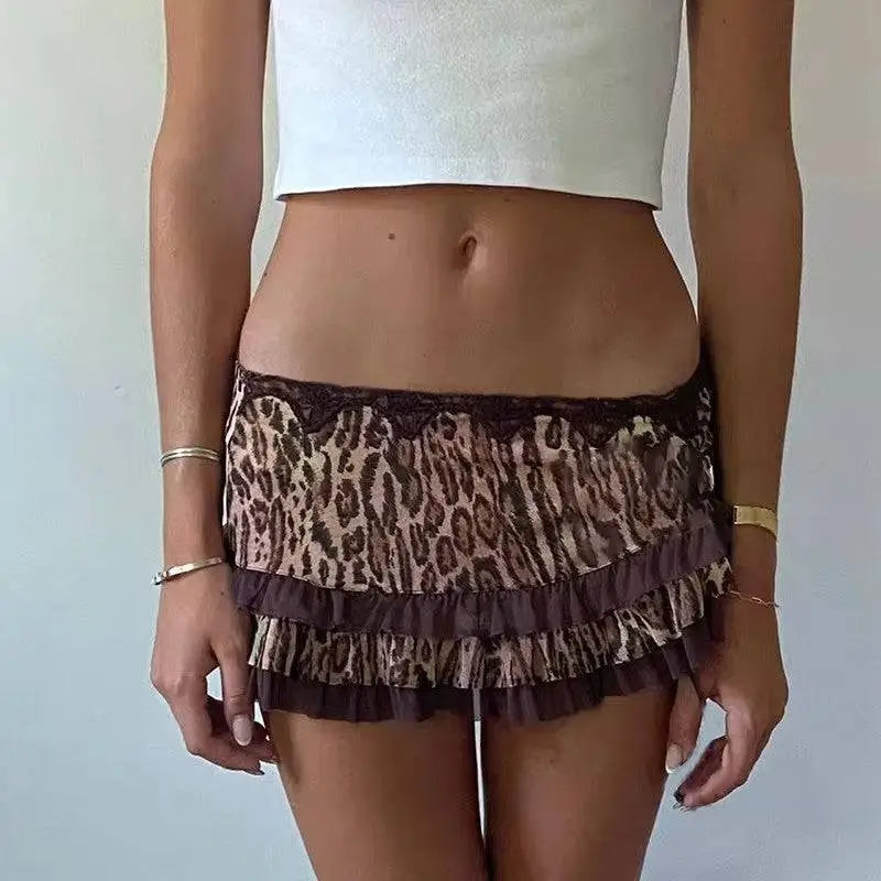 Black and white striped hot girl skirt with lace trim and black bow waist detail, styled as a leopard print sexy skirt