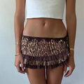 Brown leopard print sexy hot girl skirt featuring ruffled mini design with delicate lace trim detailing