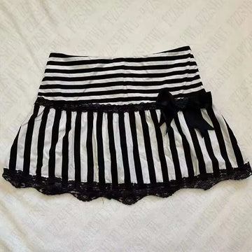 Black and white striped hot girl skirt with lace trim and black bow waist detail, styled as a leopard print sexy skirt