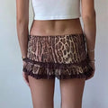 Brown and beige leopard print sexy hot girl skirt with ruffled hem and lace trim mini skirt for trendy wear