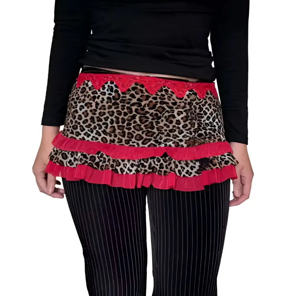 Leopard print sexy hot girl skirt featuring a ruffled mini design with red lace trim for a bold look