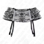 Black lace garter belt with skull floral embroidery and lace trim paired with leopard print sexy hot girl skirt