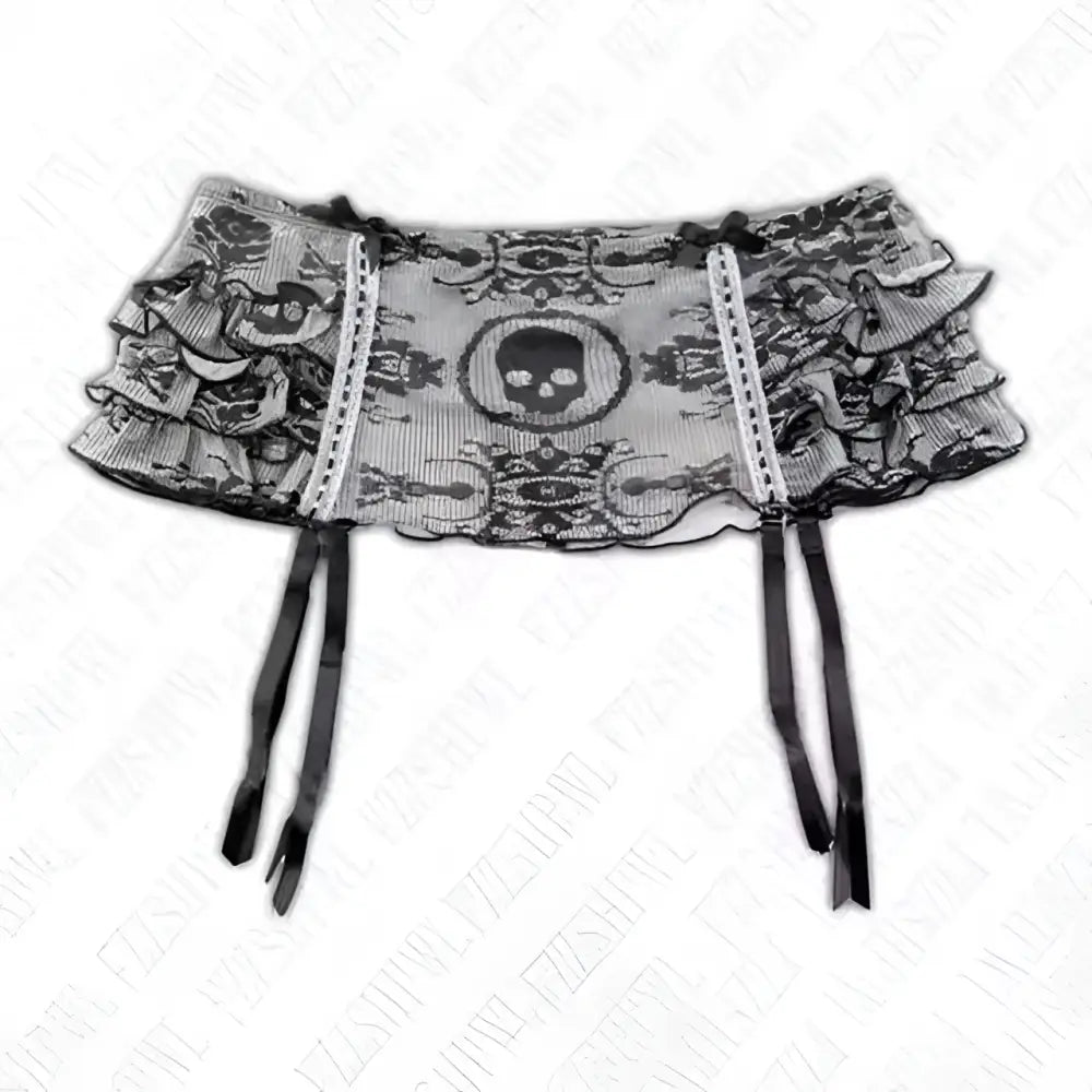 Black lace garter belt with skull floral embroidery and lace trim paired with leopard print sexy hot girl skirt