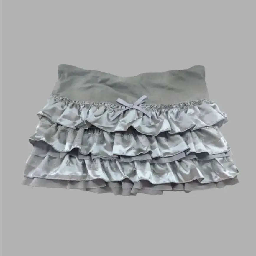 Silver ruffled mini skirt with lace trim and delicate bow at the waist perfect leopard print sexy hot girl skirt