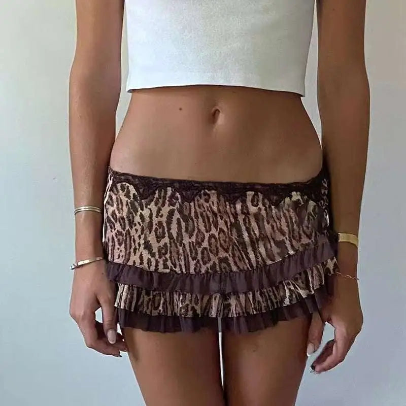 Brown and beige leopard print sexy hot girl skirt with ruffled layers and delicate lace trim for stylish wear