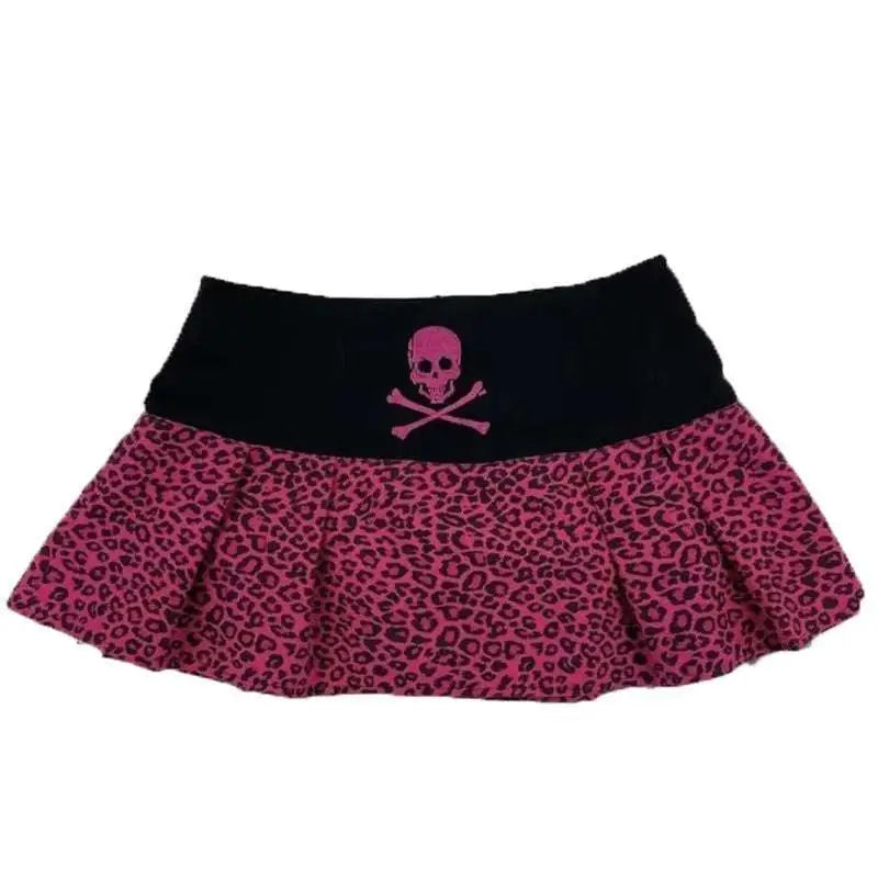 Pink leopard print sexy hot girl skirt with black waistband embroidered pink skull and crossbones and lace trim