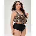 A stylish plus-size leopard print swimsuit featuring a ruffled tankini top with thin straps and high-waisted black bottoms