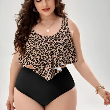 Leopard print swimsuit ruffled tankini with black and tan pattern paired with high-waisted black swim bottoms