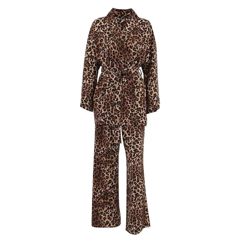 A brown and black leopard print satin jumpsuit with a belted waist in a leopard print two-piece suit fashion set