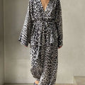 Black and white leopard print satin robe with belted waist from leopard print two-piece suit fashion set