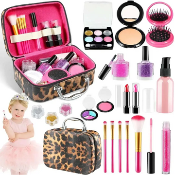 Leopard print washable kids makeup kit cosmetic case with pink interior and silver handle for toddler girl toys