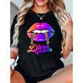 Black cotton crew neck t-shirt featuring libra queen print with vibrant rainbow lips cotton graphic and gold chains
