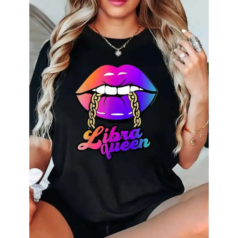 Black cotton crew neck t-shirt featuring libra queen print with vibrant rainbow lips cotton graphic and gold chains