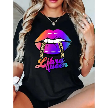 Black cotton crew neck t-shirt featuring libra queen print with vibrant rainbow lips cotton graphic and gold chains
