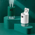 White and green cylindrical lifting fan humidifiers with clear water reservoir and remote control for portable use