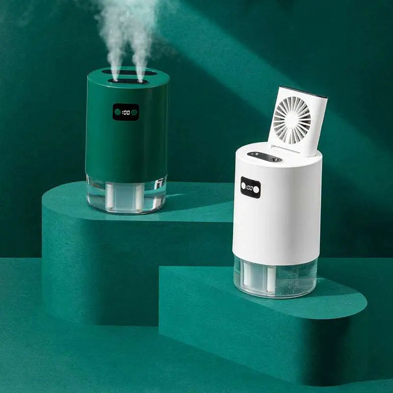 White and green cylindrical lifting fan humidifiers with clear water reservoir and remote control for portable use
