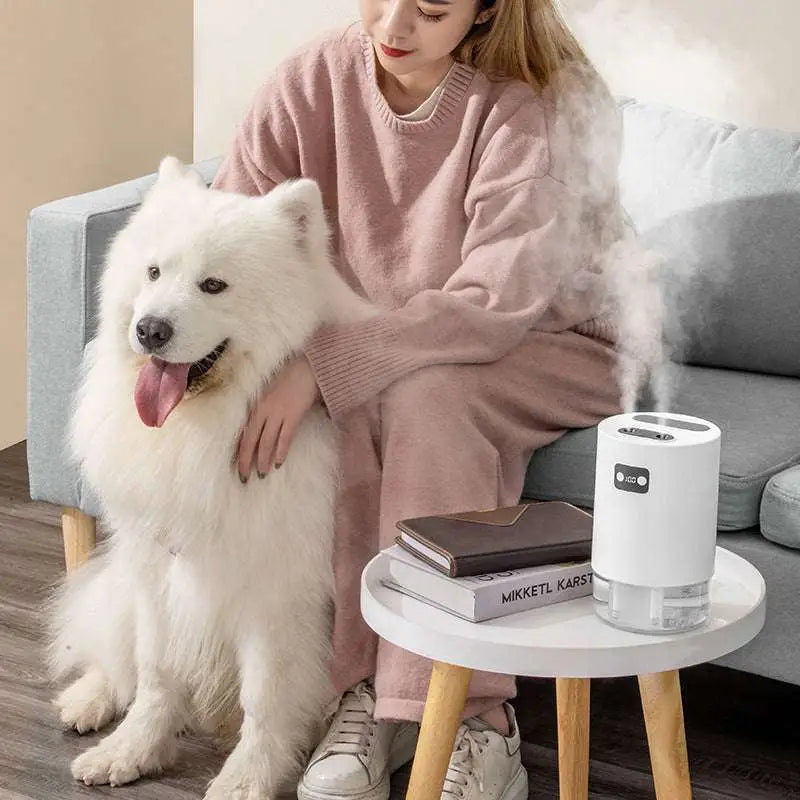 White cylindrical lifting fan humidifier with clear water reservoir and digital display with remote control