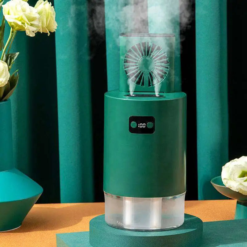 Green cylindrical lifting fan humidifier with clear water reservoir and remote control for portable use