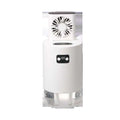 White cylindrical lifting fan humidifier with clear water reservoir digital display and remote control features