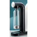 Light blue bubble water machine with black and silver body and clear glass bottle for making bubble water