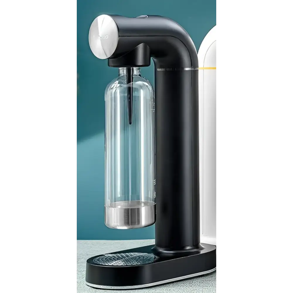 Light blue bubble water machine with black and silver body and clear glass bottle for making bubble water